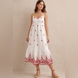 J. Crew White Cotton Embroidered Maxi Sundress Dress Red Floral Eyelet Boho XS